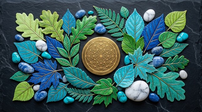 Gold coin with geometric pattern surrounded by leaves and stones