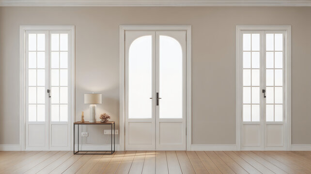 Minimalist console table between modern double doors and windows