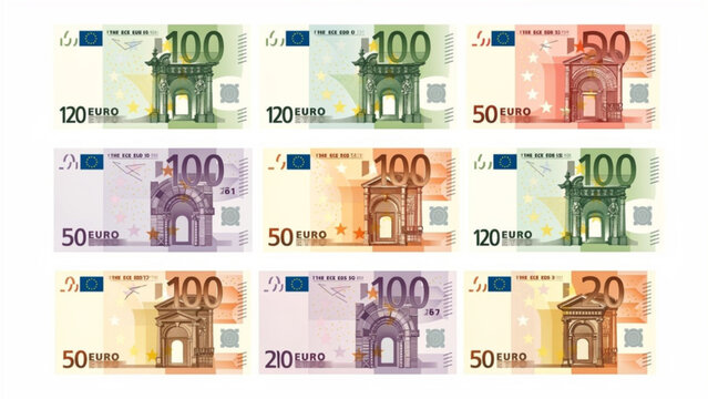 Collection of colorful euro banknotes with different denominations and vibrant designs realistic and detailed