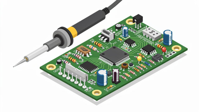green printed circuit board with electronic components and soldering iron for technology development