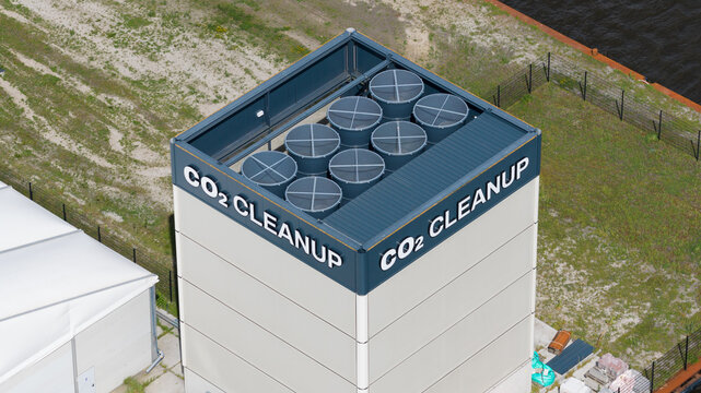 Alkmaar, Netherlands - 09 June 2026: Aerial drone view of a scalable direct air capture facility in Alkmaar, removing carbon dioxide from the atmosphere for permanent underground storage.