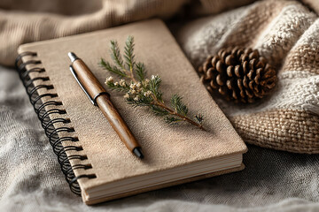 Fototapeta premium Rustic Holiday Journal with Pen and Pinecone on Cozy Textured Fabric for Christmas Reflection