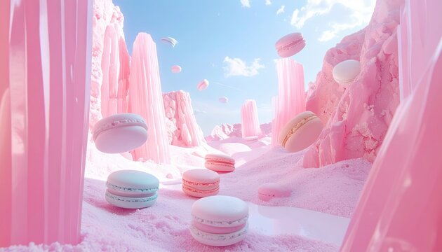 Crystal canyons in pastel tones with floating macaron elements, surreal landscape design