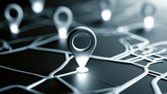 Glowing map markers highlight locations on a stylized, dark road network