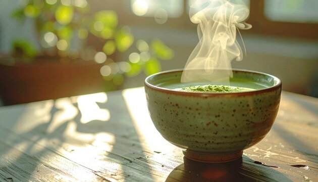 Steaming cup of matcha with a ceramic bowl in morning sunlight, calm lifestyle moment