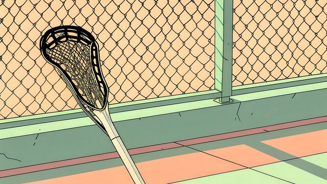 Lacrosse stick resting on the ground near a chain-link fence at a sports field in daylight