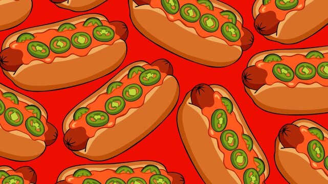 Seamless hot dog pattern featuring spicy jalapeno slices and rich chili sauce on a vibrant red background. Ideal for National Hot Dog Day promotions, food advertisements