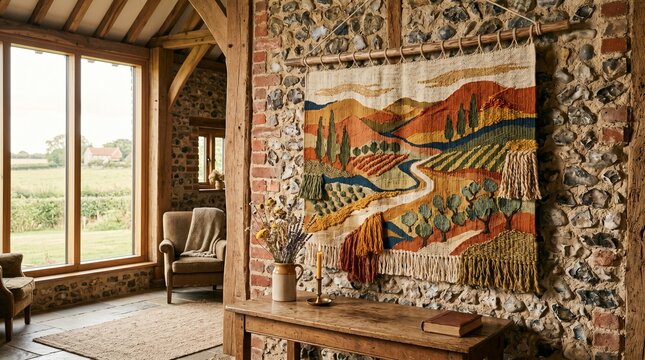 Rustic interior of a converted barn with exposed timber beams, rough stone and brick walls, and a decorative landscape tapestry hanging above a wooden console table near large windows
