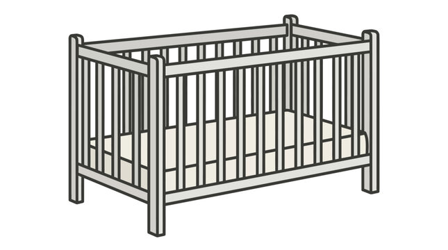 Baby crib illustration with gray frame and beige mattress on white background