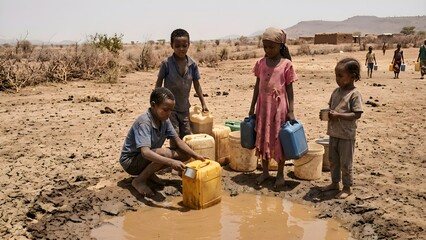 Children facing severe climate change and drought crisis, struggling with water scarcity and poverty in a rural landscape, seeking clean water for survival and humanitarian aid.