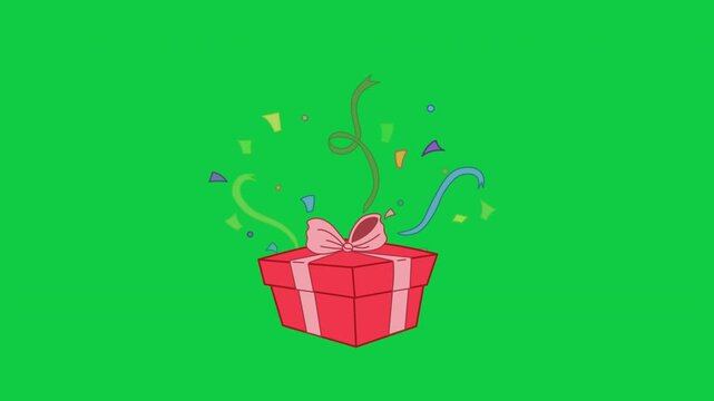Gift red box popping colorful ribbons looping animation for birthday surprise vlogs green screen