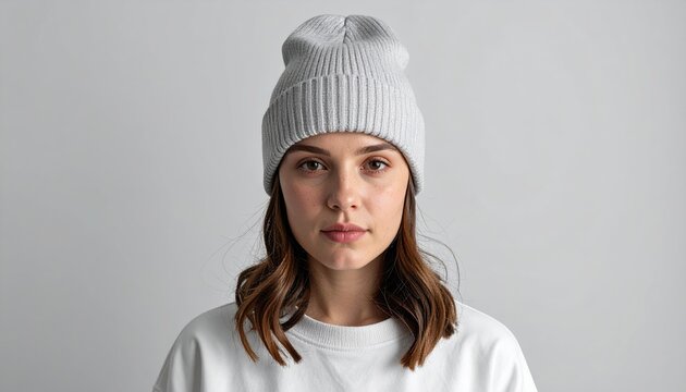 Blank ribbed winter beanie worn mockup, front fashion portrait, cozy minimal aesthetic