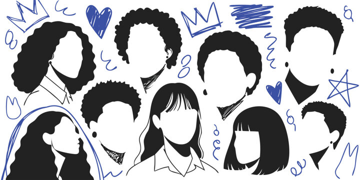Diverse women portraits set with minimalist faceless silhouettes and hand drawn doodles.