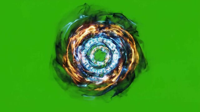 Dynamic magic spell visual effect with swirling mystical energy and glowing arcane symbols on a chroma key green screen background for compositing