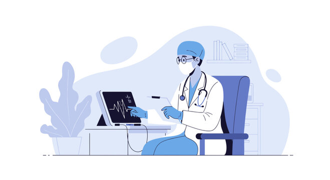 Medical Professional Analyzing Heart Scan Data In Modern Clinic Setting Visualization