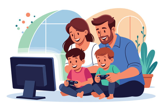 Happy family of four including parents and two sons sit on the floor playing video games together on a large television screen.