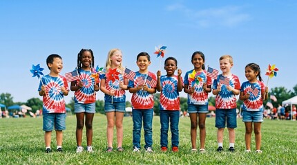 Obraz premium Diverse children in tie dye shirts at Independence Day picnic parade