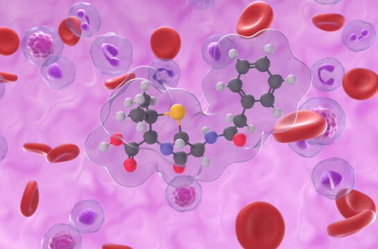 Benzylpenicillin (penicillin G) molecule - closeup view 3d illustration