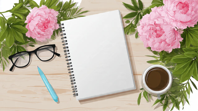 Workspace with pink hydrangea flowers notebook glasses pen and coffee on wooden table