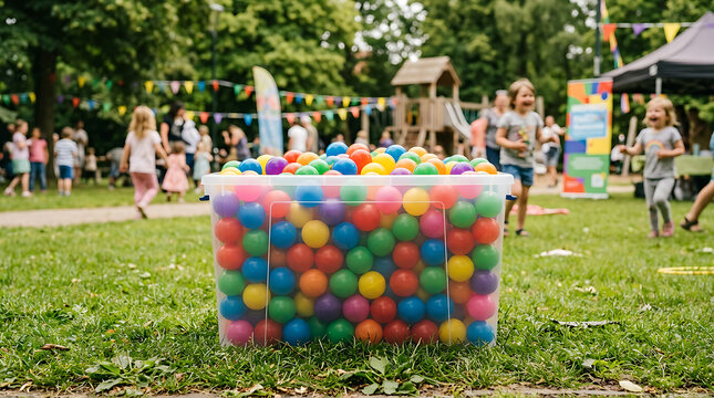 A large clear plastic container filled with countless colorful plastic balls for children's play on a grassy outdoor area, creating a fun and engaging environment.