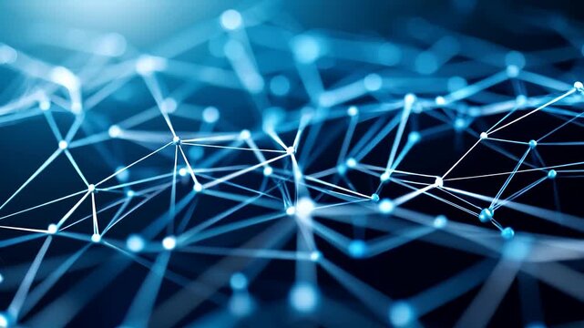Blue geometric digital data nodes network with glowing connections. Technology concept suitable for science, communication, and futuristic design projects.