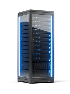Black computer server rack tower isolated on transparent background - Cloud Computing Artificial Intelligence Database Concept
