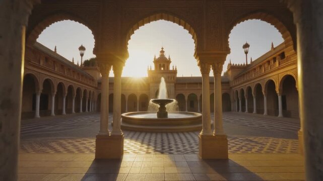 Golden hour sunset at the Seville palace courtyard with fountain