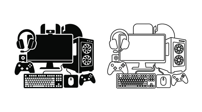 Gaming Setup Silhouette On White Background Computer Accessories