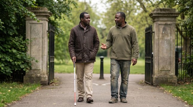 Black Man with Guide Cane Walking Outdoors During Disability Pride Month