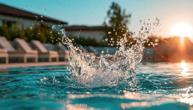 Water splash in a pool with sunset lighting, poolside loungers blurred