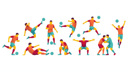 Fototapeta premium Assortment of flat soccer player in red uniforms, showing diverse isolated on transparent background png
