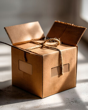 Cardboard Box with Twine on Sunny Surface - Packaging, Shipping, Storage Concept