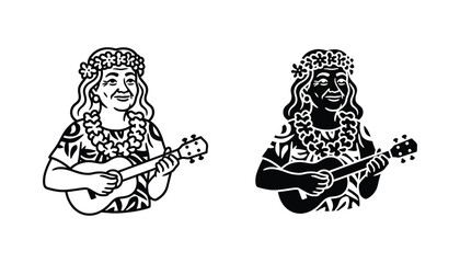 Hawaiian elderly woman playing ukulele icon in line art and solid silhouette styles for tropical vacation marketing and island culture themed graphic design © Sakibul Hasan