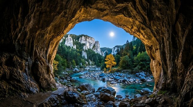 Moonlit river cave landscape with rocky shoreline and mountains