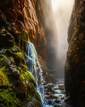 Small waterfall in a narrow mossy canyon