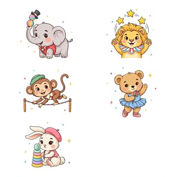 Cute cartoon circus animals set isolated on white background