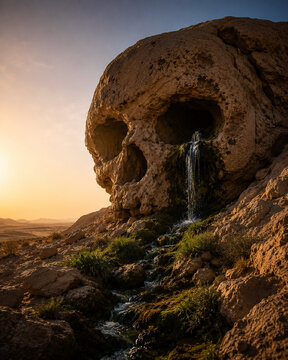 Waterfall emerging from a skull shaped desert rock
