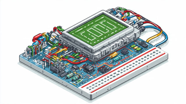 Electronic circuit with display and wiring on breadboard for technological development and prototyping