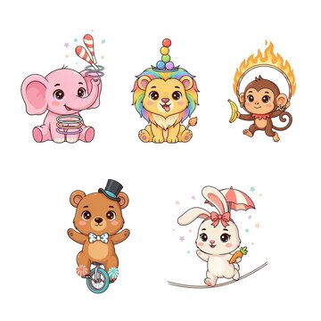 Cute circus animals set elephant, lion, monkey, bear, and rabbit
