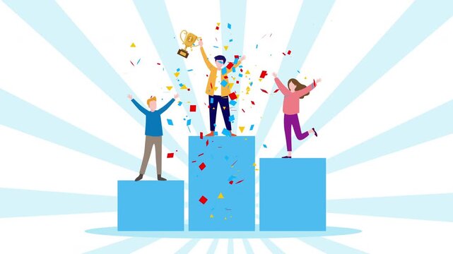 Business success concept with winners celebrating on a podium, holding a trophy and surrounded by confetti. Achievement, teamwork and leadership illustration for corporate and award themes.