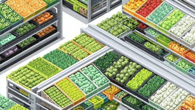 fresh colorful vegetables in a supermarket produce section with bright display and variety of greens oranges and reds