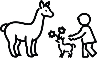 Fototapeta premium Minimalist Black and White Line Art Illustration of Child Offering Flowers to Baby Goat with Mother Goat