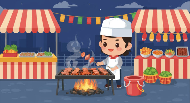 Cute chibi boy chef in white hat and apron grilling meat skewers on an open charcoal grill at a night market with striped stalls, food bowls, and festive flags in flat vector style.
