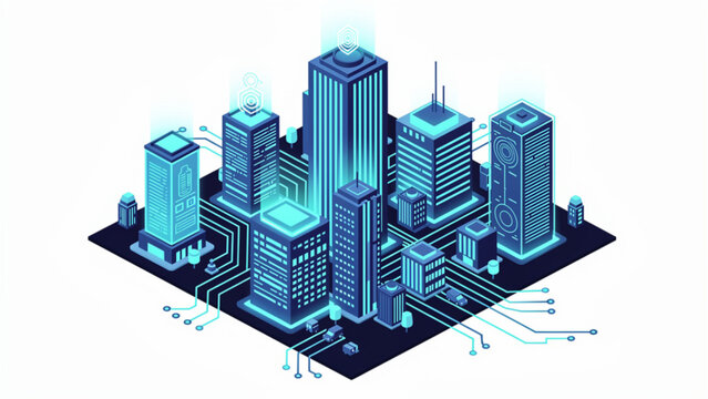 isometric digital cityscape with glowing blue skyscrapers and circuits for technology and innovation themes