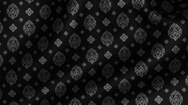3D Animation of Luxury Black Thai Pattern Waving Cloth. Lai Thai pattern wallpaper background