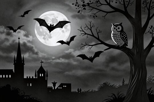 A black and white image of a full moon with bats flying around it