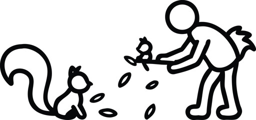 Fototapeta premium Minimalist Stick Figure Illustration of Person Kindly Feeding Squirrels with Nuts in Black and White Line Art