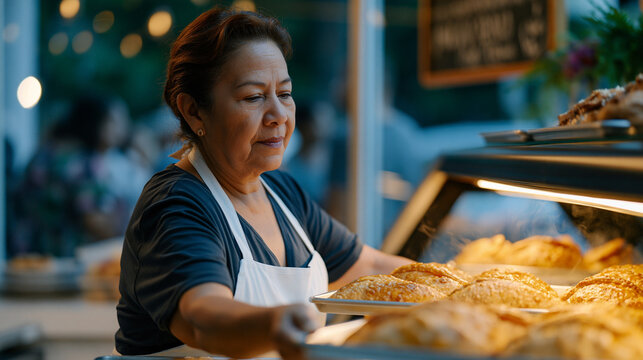 Colombian bakery owner arranging fresh pandebono and empanadas in display case before opening, small immigrant-owned storefront with hand-lettered menu board, morning steam rising from trays, loyal 