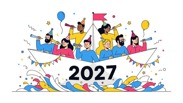 New Year Voyage 2027: A diverse group of people celebrate New Year's Eve aboard a ship, embarking on a journey into the year 2027 with confetti and party hats.