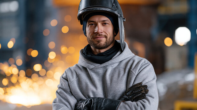Labor Day steel worker portrait in full protective face shield and leather gloves at smelting furnace in industrial foundry, sparks visible in background, single professional standing in confident s